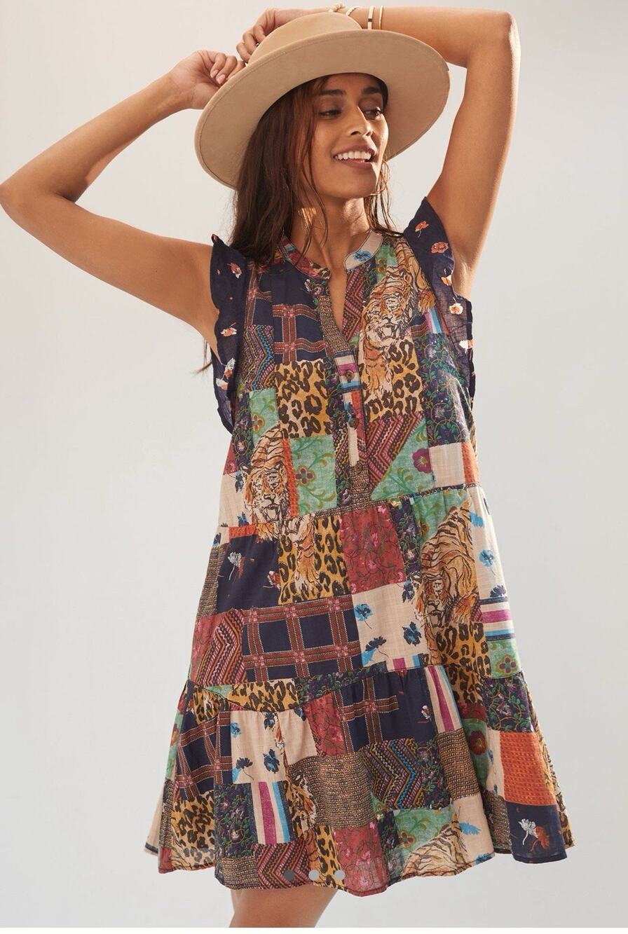 Anthropologie Pilcro Women’s Patchwork Mini Dress Sz L Bohemian Tiger Colorful
